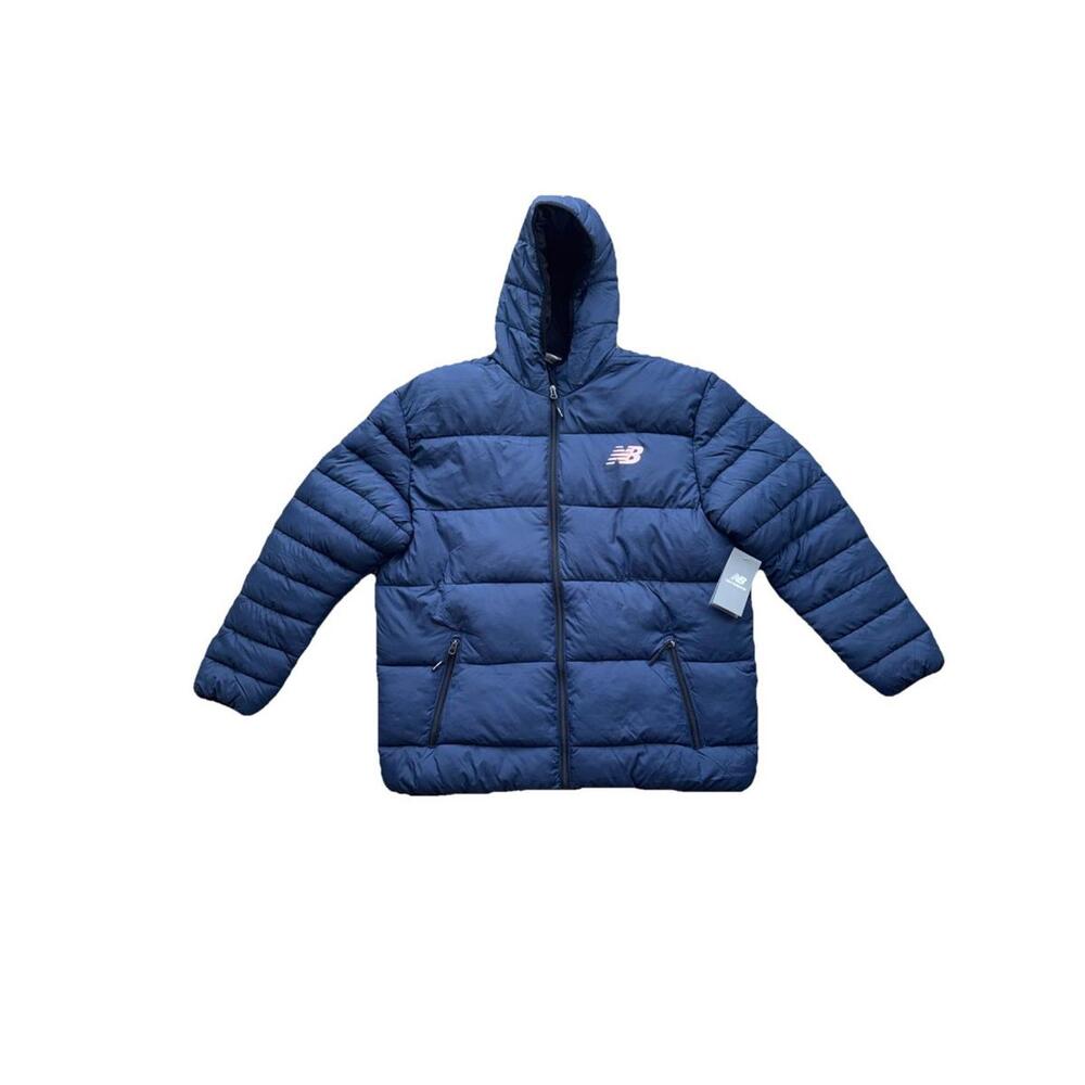 New Balance NWT Hooded Puffer Jacket Mens L Navy Blue Insulated Winter Coat
